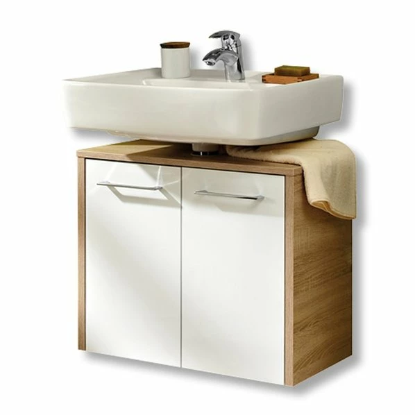 Waschbeckenunterschrank - Weiß Hochlganz - Eiche - 65 Cm Breit 3 Waschbeckenunterschrank - Weiß Hochlganz - Eiche - 65 Cm Breit