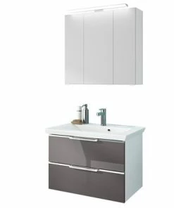 2-teiliges Badmöbel-Set - Glas Grau - Weiß Glänzend - 80 Cm