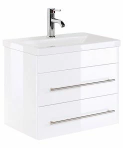 Waschtisch PORTUS SLIMLINE - Weiß Hochglanz - Mit Keramikbecken