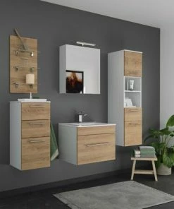 5-teiliges Badmöbel-Set VIVA - Eiche Hell - Weiß