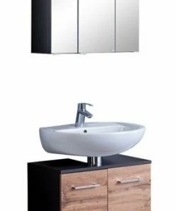 2-teiliges Badmöbel-Set PARIS - Wotaneiche-grafitgrau - Mit Beleuchtung