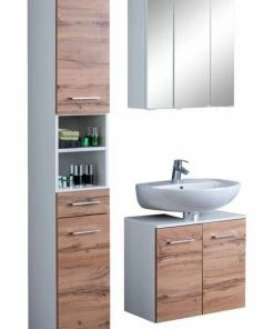 3-teiliges Badmöbel-Set PARIS - Wotaneiche-weiß - Mit Beleuchtung