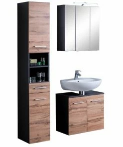 3-teiliges Badmöbel-Set PARIS - Wotaneiche-grafitgrau - Mit Beleuchtung