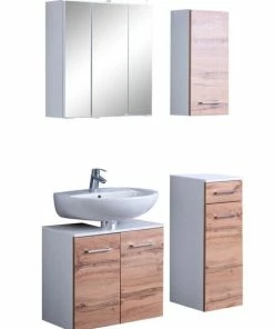 4-teiliges Badmöbel-Set PARIS - Weiß-Wotaneiche - Mit Beleuchtung