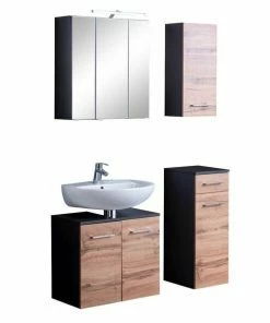 4-teliges Badmöbel-Set PARIS - Grafitgrau-Wotaneiche - Mit Beleuchtung