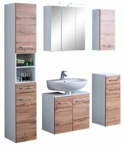 5-teiliges Badmöbel-Set PARIS - Wotaneiche-weiß - Mit Beleuchtung