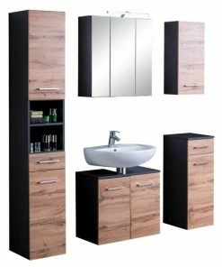 5-teiliges Badmöbel-Set PARIS - Wotaneiche-grafitgrau - Mit Beleuchtung