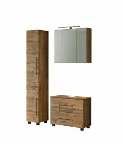3-teliges Badmöbel-Set LUZERN - Wotaneiche - Mit Beleuchtung