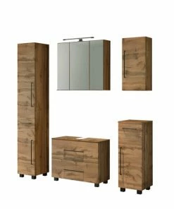 5-teiliges Badmöbel-Set LUZERN - Wotaneiche - Mit Beleuchtung