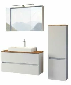 3-teiliges Badmöbel-Set PIENZA - Weiß-Wotaneiche - Mit Waschbecken
