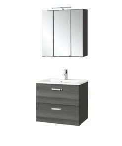 2-teiliges Badmöbel-Set BOLOGNA - Eiche Rauchsilber-grafitgrau - 60 Cm Breit
