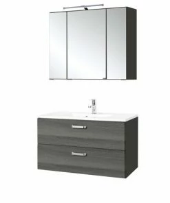 2-teiliges Badmöbel-Set BOLOGNA - Eiche Rauchsilber-grafitgrau - 90 Cm Breit