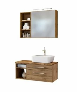 3-teiliges Badmöbel-Set DAVOS - Wotaneiche - 90 Cm Breit - Becken Rechts