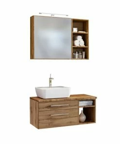 3-teiliges Badmöbel-Set DAVOS - Wotaneiche - 90 Cm Breit - Becken Links