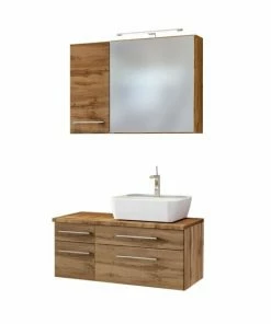 3-teiliges Badmöbel-Set DAVOS - Wotaneiche- 90 Cm Breit - Becken Rechts