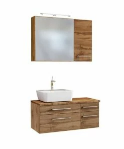 3-teiliges Badmöbel-Set DAVOS - Wotaneiche - 90 Cm Breit - Becken Links