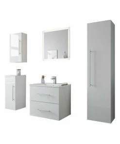 5-teiliges Badmöbel-Set - Weiß Hochglanz - LED-Beleuchtung