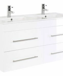 Doppelwaschtisch - Weiß Hochglanz-weiß - 2 Waschbecken - 122 Cm