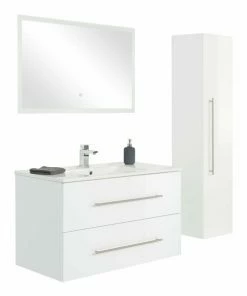 3-teiliges LED-Badmöbel-Set HOMELINE - Weiß Hochglanz - 100 Cm