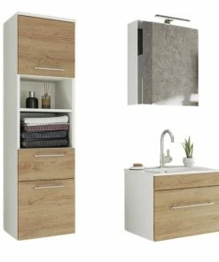 3-teiliges Badmöbel-Set VIVA - Eiche Hell - LED-Beleuchtung