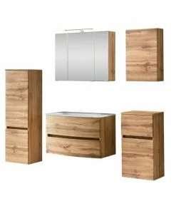 5-teiliges Badmöbelset KOPENHAGEN - Wotan Eiche - Glasbecken Weiß