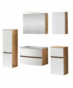 5-teiliges Badmöbelset KOPENHAGEN - Weiß Matt - Wotan Eiche - Glasbecken Weiß