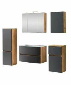 5-teiliges Badmöbelset KOPENHAGEN - Matt Grau - Wotan Eiche - Glasbecken Weiß