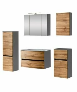 5-teiliges Badmöbelset KOPENHAGEN - Wotan Eiche - Graphitgrau - Glasbecken Weiß