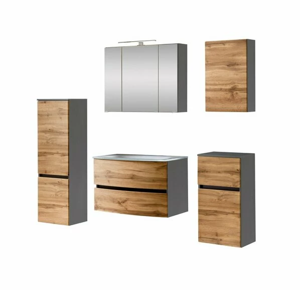 5-teiliges Badmöbelset KOPENHAGEN - Wotan Eiche - Graphitgrau - Glasbecken Weiß 3 5-teiliges Badmöbelset KOPENHAGEN - Wotan Eiche - Graphitgrau - Glasbecken Weiß