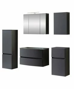 5-teiliges Badmöbelset KOPENHAGEN - Matt Grau - Glasbecken Grau