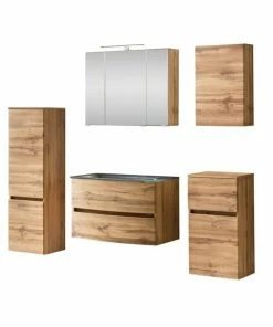 5-teiliges Badmöbelset KOPENHAGEN - Wotan Eiche - Glasbecken Grau