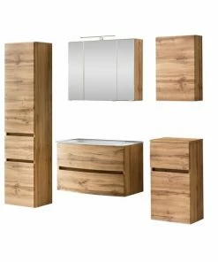 5-teiliges Badmöbelset KOPENHAGEN - Wotan Eiche - Glasbecken Weiß