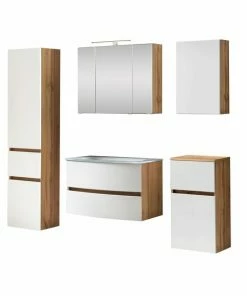 5-teiliges Badmöbelset KOPENHAGEN - Weiß Matt - Wotan Eiche - Glasbecken Weiß