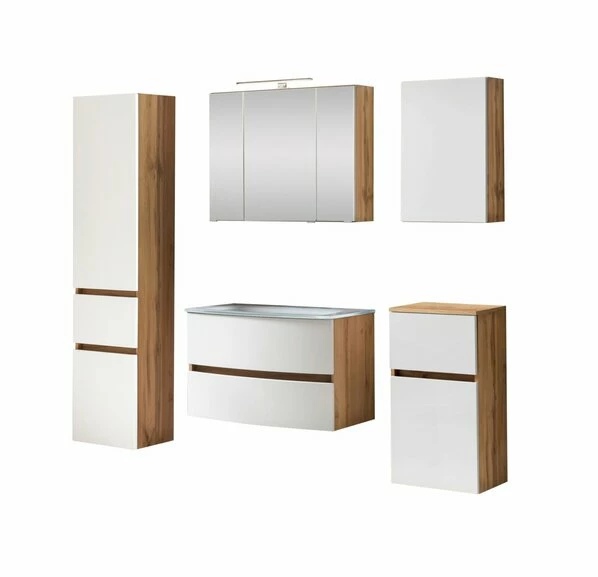 5-teiliges Badmöbelset KOPENHAGEN - Weiß Matt - Wotan Eiche - Glasbecken Weiß 3 5-teiliges Badmöbelset KOPENHAGEN - Weiß Matt - Wotan Eiche - Glasbecken Weiß