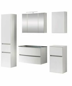 5-teiliges Badmöbelset KOPENHAGEN - Weiß Matt - Glasbecken Grau