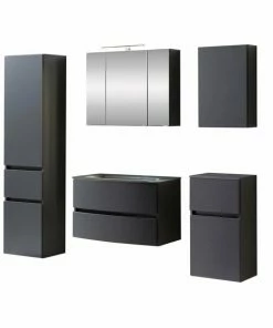 5-teiliges Badmöbelset KOPENHAGEN - Matt Grau - Glasbecken Grau