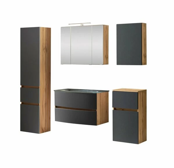 5-teiliges Badmöbelset KOPENHAGEN - Matt Grau - Wotan Eiche - Glasbecken Grau 3 5-teiliges Badmöbelset KOPENHAGEN - Matt Grau - Wotan Eiche - Glasbecken Grau