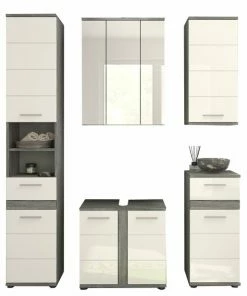 5-teiliges Badmöbelset - Weiß Hochglanz - Rauchsilber