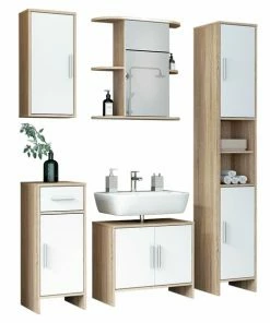5-teiliges Badmöbelset - Sonoma Eiche - Weiß