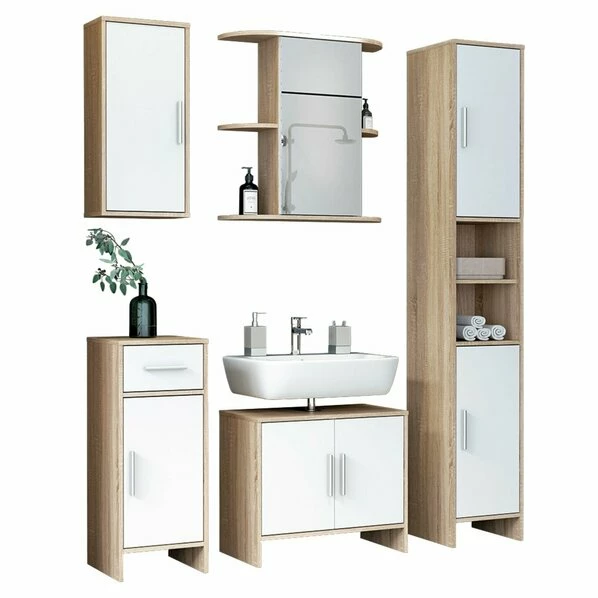 5-teiliges Badmöbelset - Sonoma Eiche - Weiß 3 5-teiliges Badmöbelset - Sonoma Eiche - Weiß